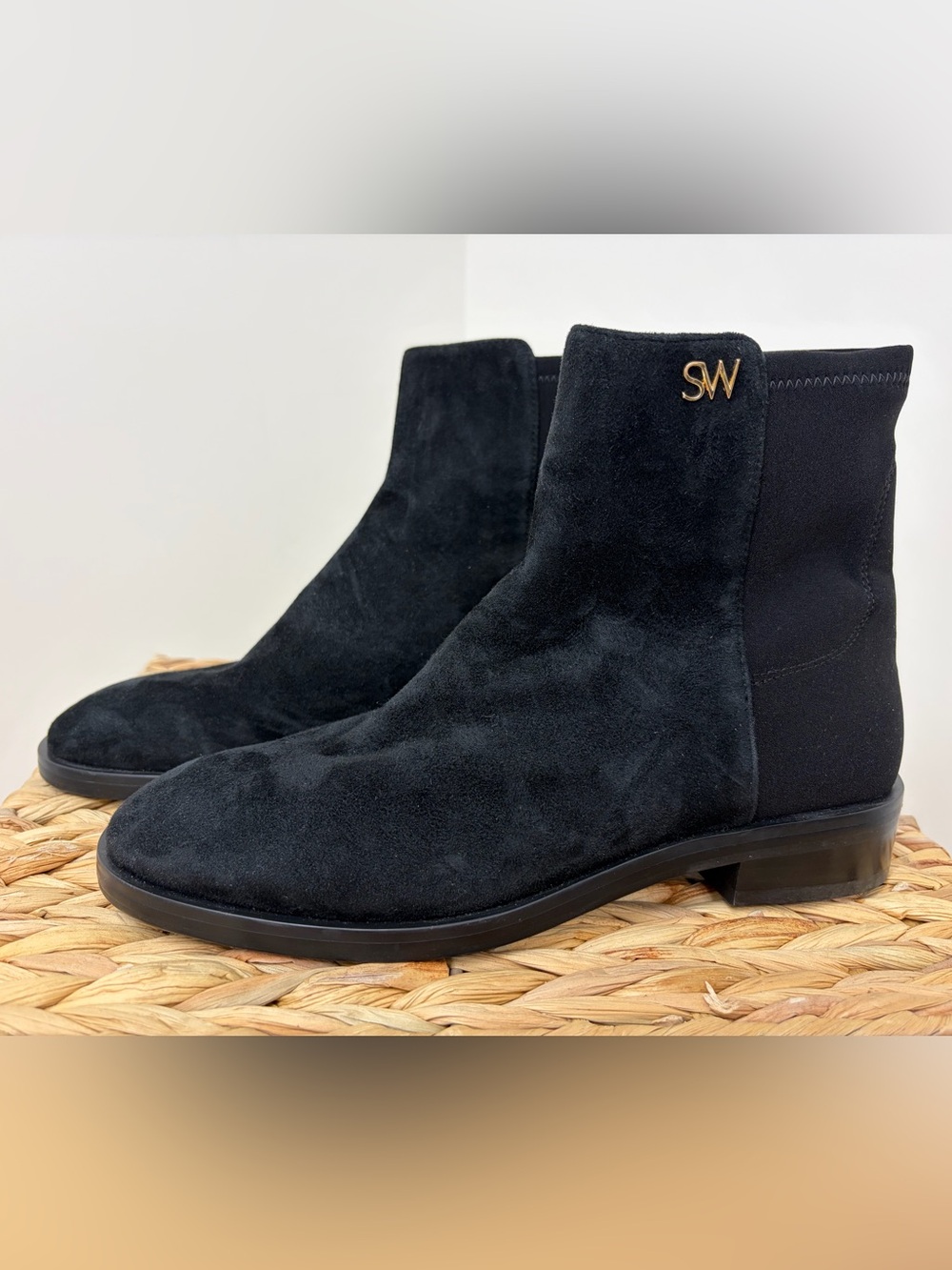 Stuart Weitzman Black Suede Men's Chelsea-Style Chukka Boots with Gold SW Emblem